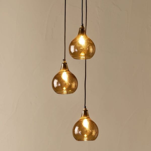 Ziva Statement Three Drop Recycled Glass Cluster Pendant in Aged Brass with Light Smoke Brown Glass Shades