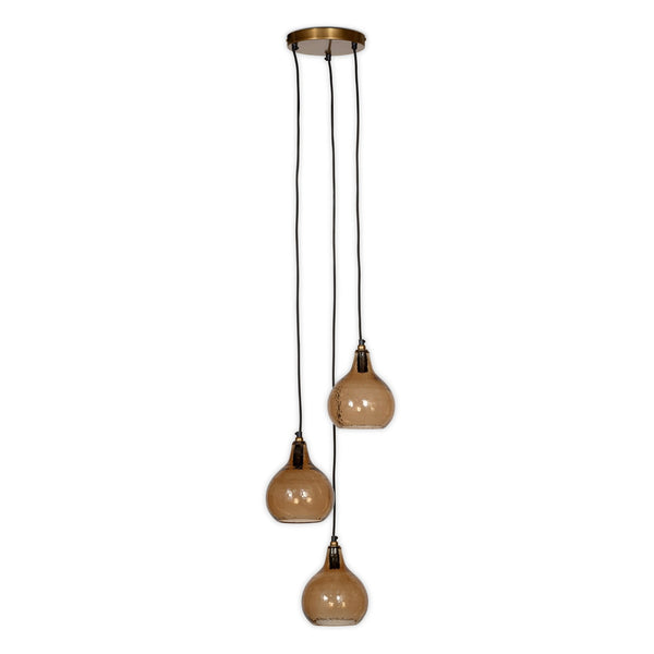 Ziva Statement Three Drop Recycled Glass Cluster Pendant in Aged Brass with Light Smoke Brown Glass Shades