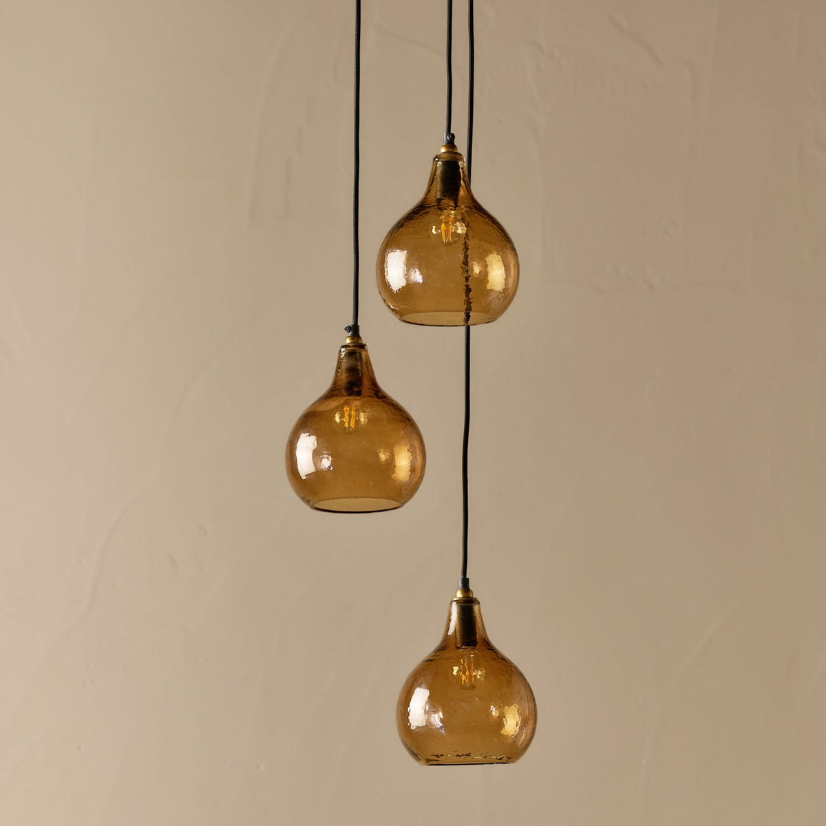 Ziva Statement Three Drop Recycled Glass Cluster Pendant in Aged Brass with Light Smoke Brown Glass Shades