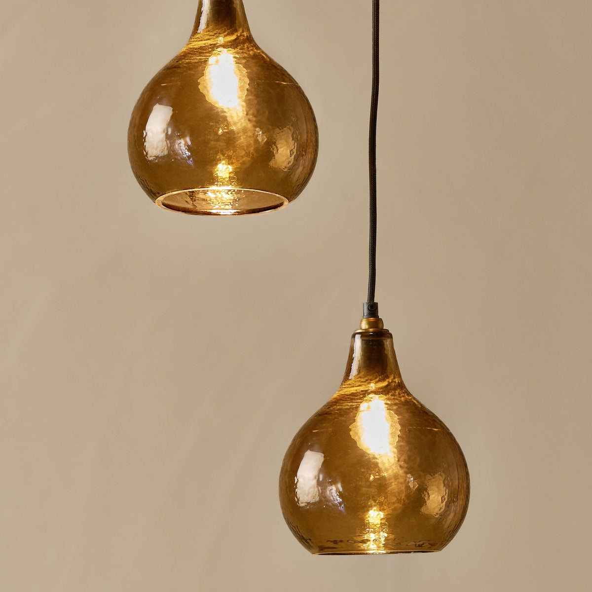 Ziva Statement Three Drop Recycled Glass Cluster Pendant in Aged Brass with Light Smoke Brown Glass Shades