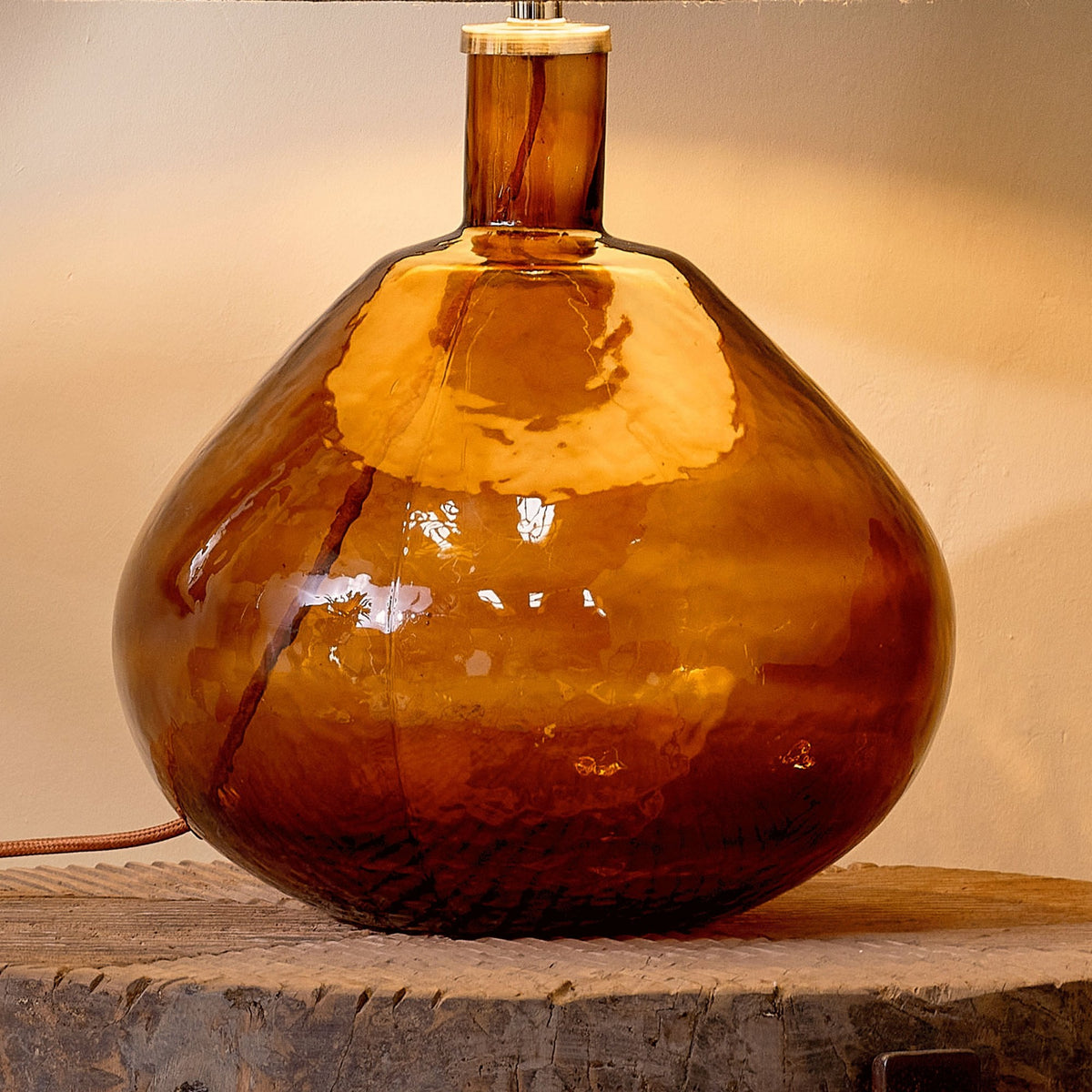 Baba Large Wide Hammered Glass Table Lamp Base In Burnt Amber