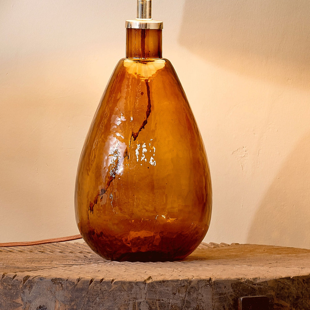 Baba Small Tall Hammered Glass Table Lamp Base In Burnt Amber