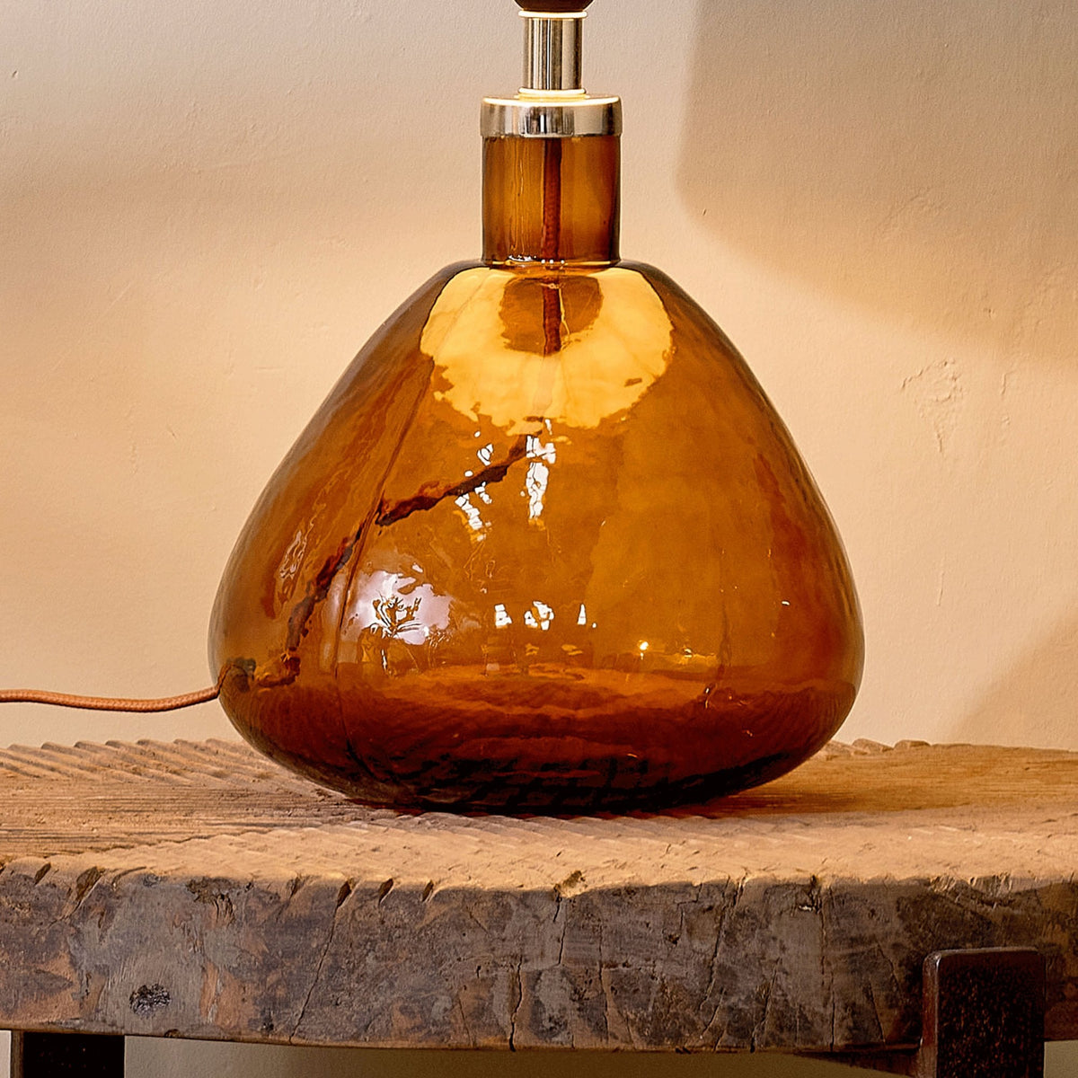 Baba Small Wide Hammered Glass Table Lamp Base In Burnt Amber