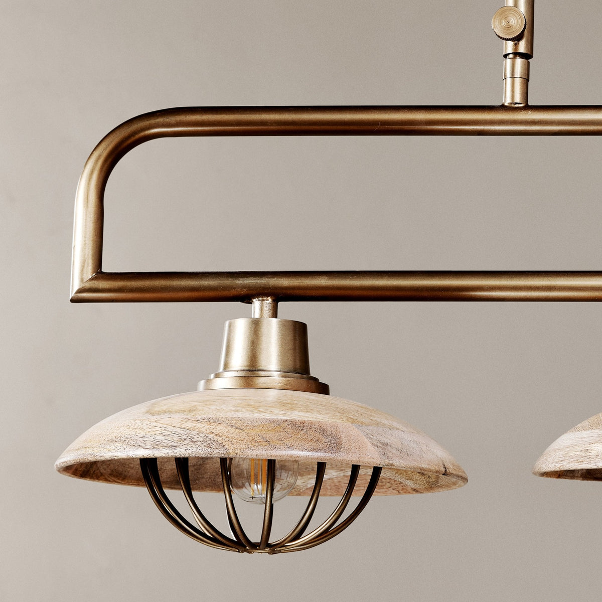Chakai Linear Pendant in Antique Brass with Mango Wood Shades