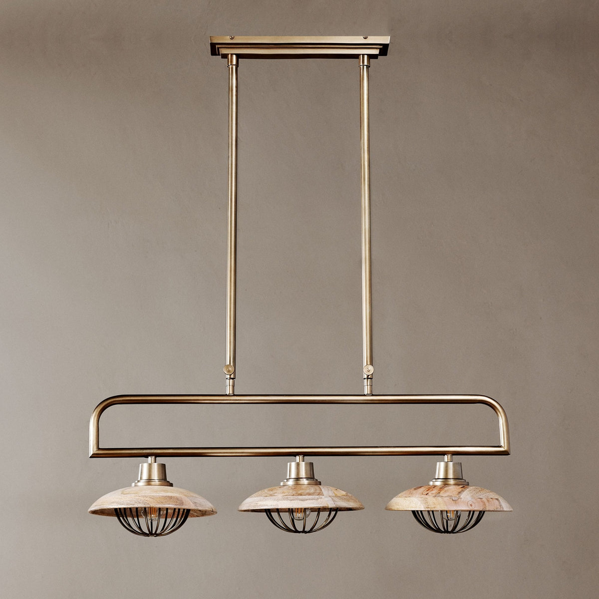 Chakai Linear Pendant in Antique Brass with Mango Wood Shades