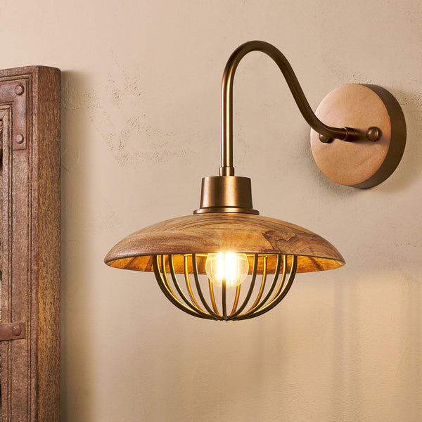 Chakai Wall Light in Antique Brass with Mango Wood Shades