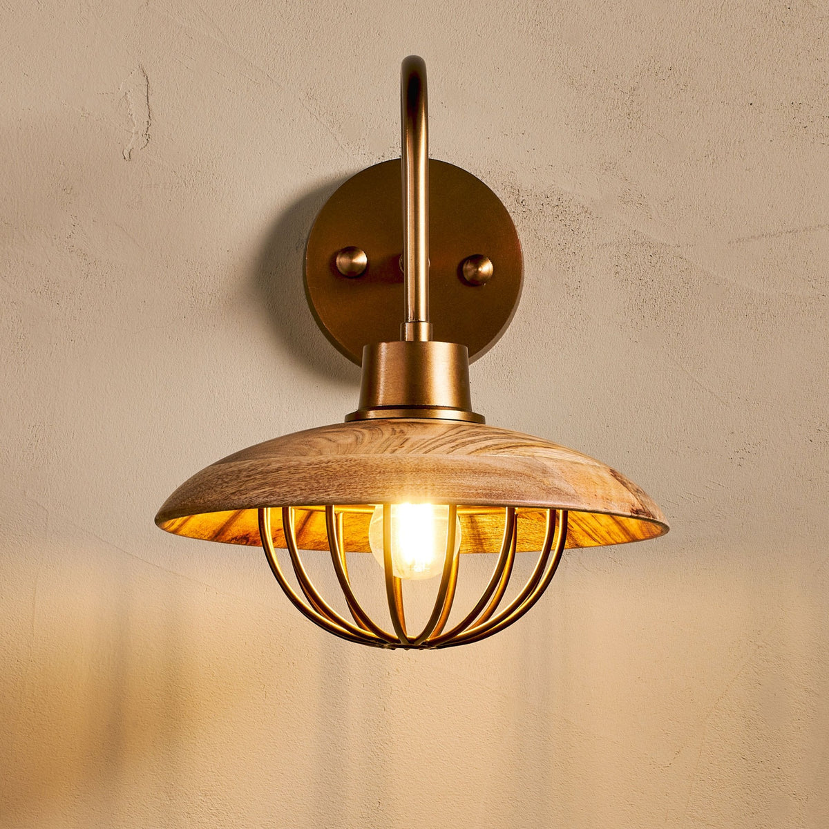 Chakai Wall Light in Antique Brass with Mango Wood Shades