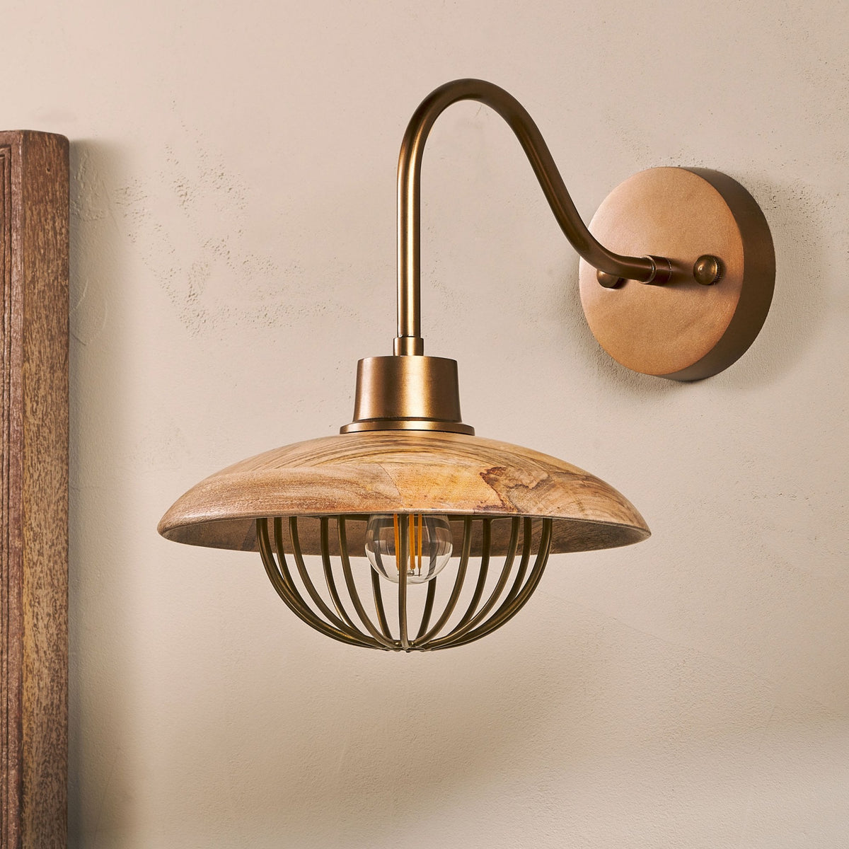 Chakai Wall Light in Antique Brass with Mango Wood Shades