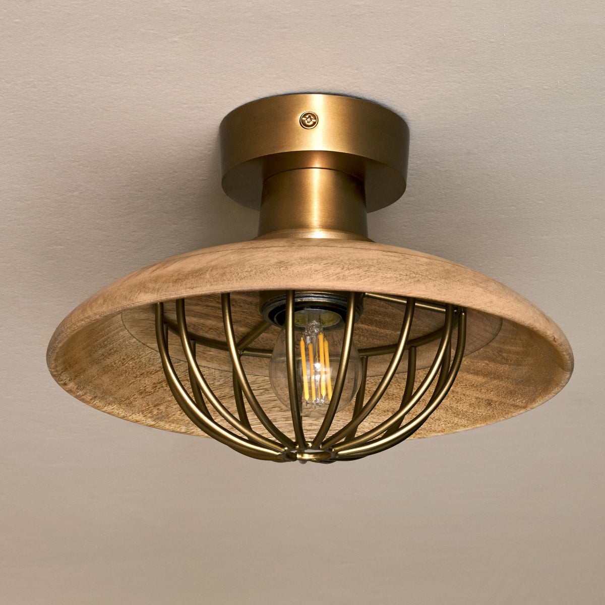 Chakai Semi Flush Ceiling Light in Antique Brass with Mango Wood Shades