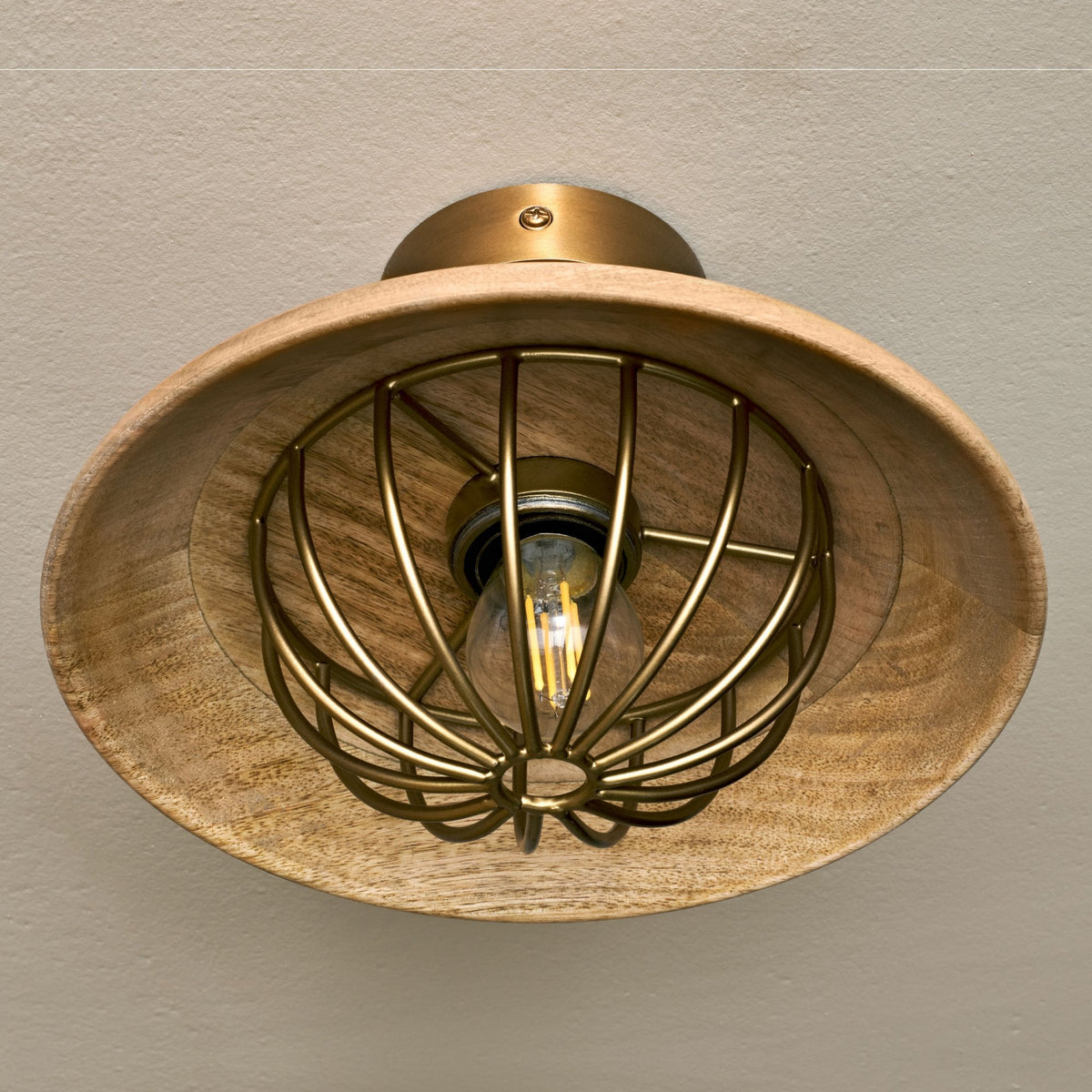 Chakai Semi Flush Ceiling Light in Antique Brass with Mango Wood Shades