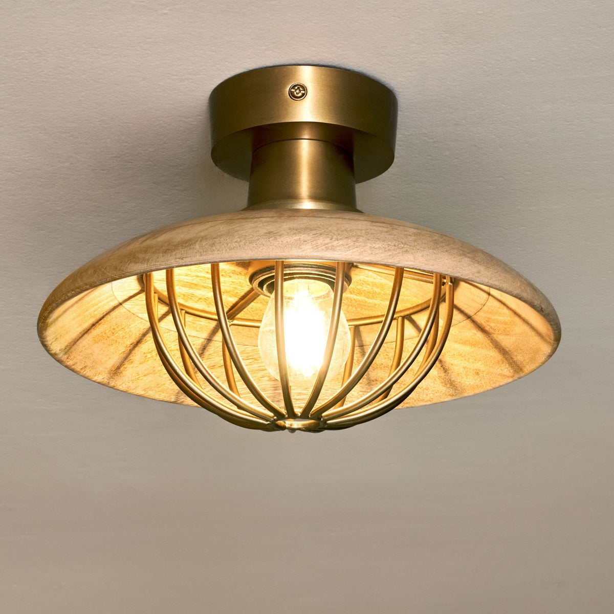Chakai Semi Flush Ceiling Light in Antique Brass with Mango Wood Shades