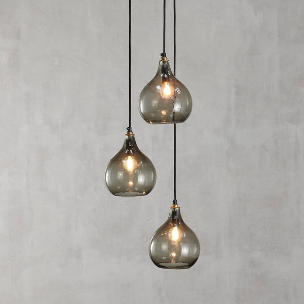 Ziva Statement Three Drop Recycled Glass Cluster Pendant in Aged Brass with Smoke Green Glass Shades
