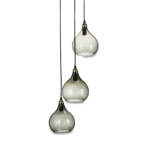 Ziva Statement Three Drop Recycled Glass Cluster Pendant in Aged Brass with Smoke Green Glass Shades