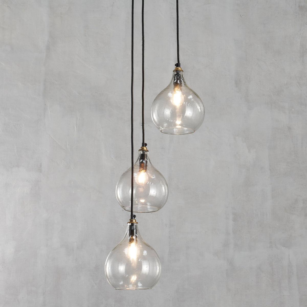 Ziva Statement Three Drop Recycled Glass Cluster Pendant in Aged Brass with Clear Glass Shades