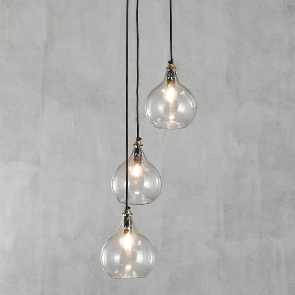 Ziva Statement Three Drop Recycled Glass Cluster Pendant in Aged Brass with Clear Glass Shades