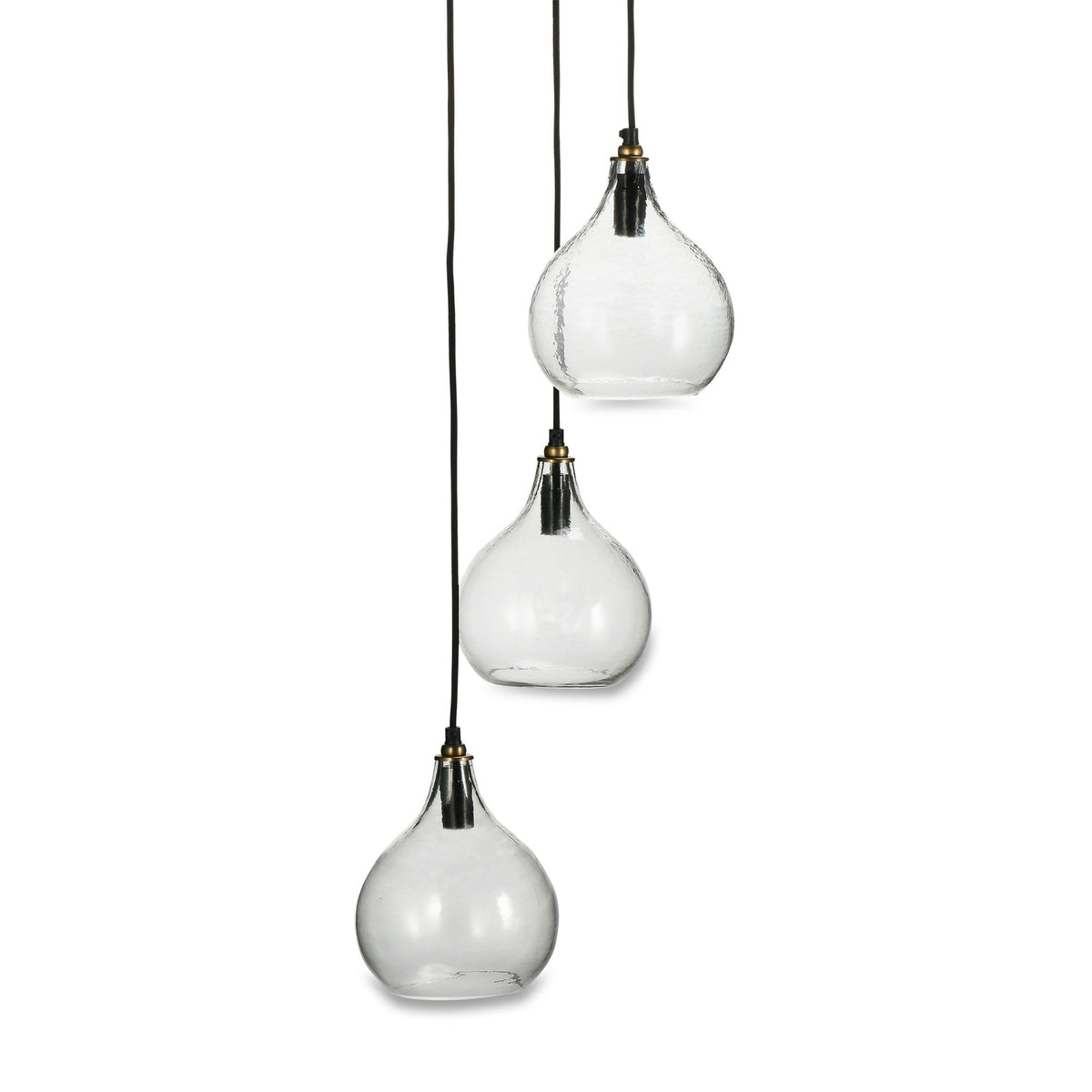 Ziva Statement Three Drop Recycled Glass Cluster Pendant in Aged Brass with Clear Glass Shades