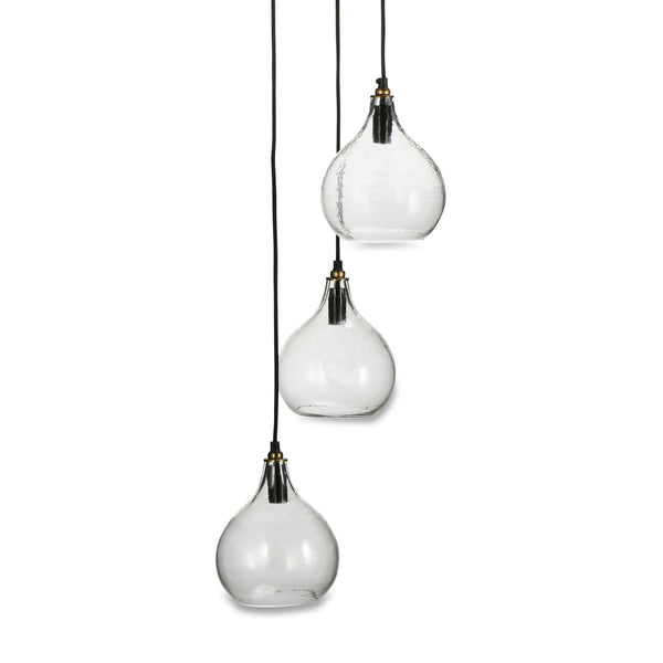 Ziva Statement Three Drop Recycled Glass Cluster Pendant in Aged Brass with Clear Glass Shades