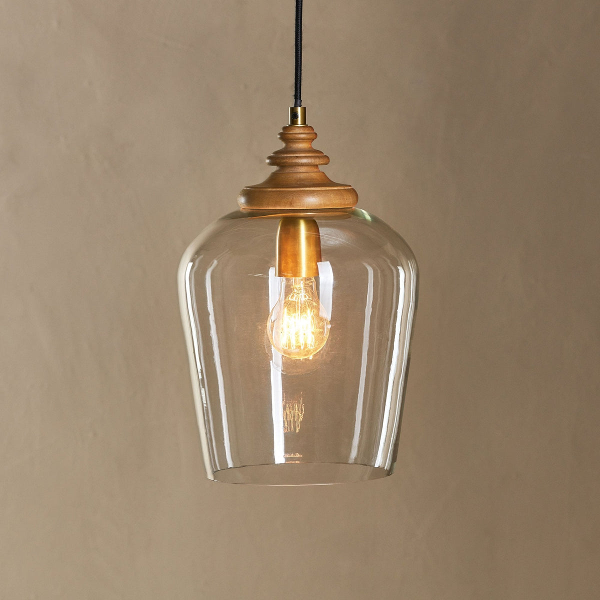 Varuna Single Drop Pendant in Natural Mango Wood with Clear Glass Shade