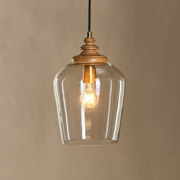Varuna Single Drop Pendant in Natural Mango Wood with Clear Glass Shade