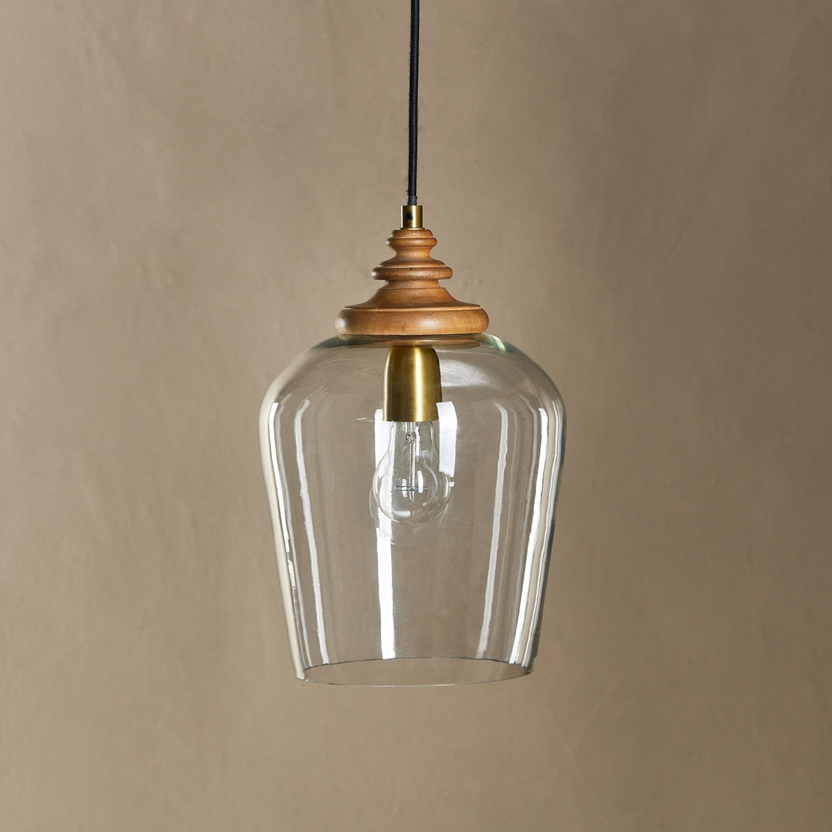 Varuna Single Drop Pendant in Natural Mango Wood with Clear Glass Shade