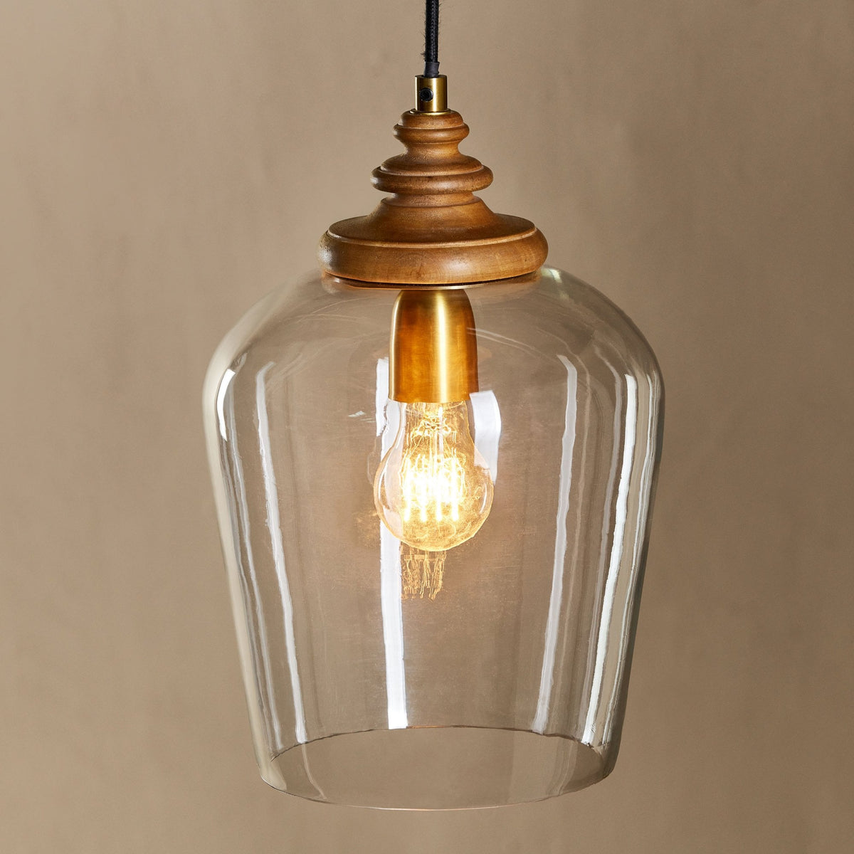 Varuna Single Drop Pendant in Natural Mango Wood with Clear Glass Shade