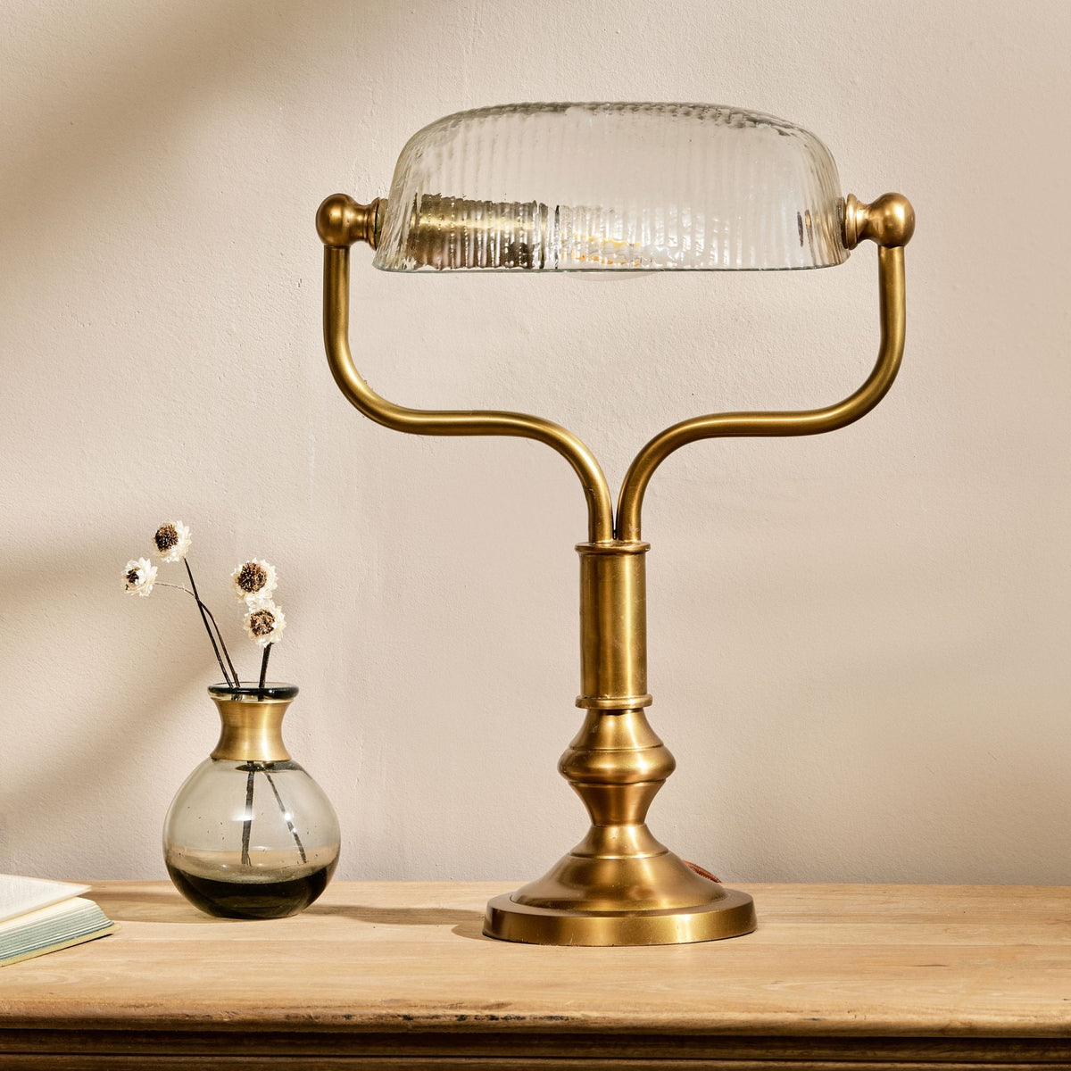 Ulani Vintage Desk Lamp in Antique Brass with Ribbed Clear Glass Shade