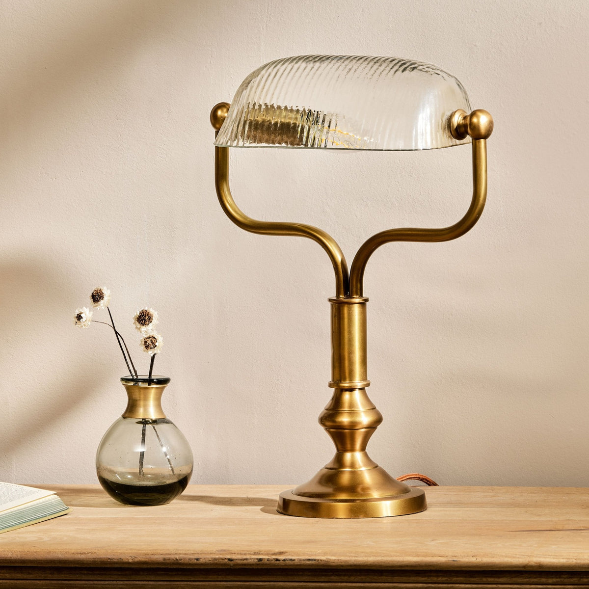 Ulani Vintage Desk Lamp in Antique Brass with Ribbed Clear Glass Shade