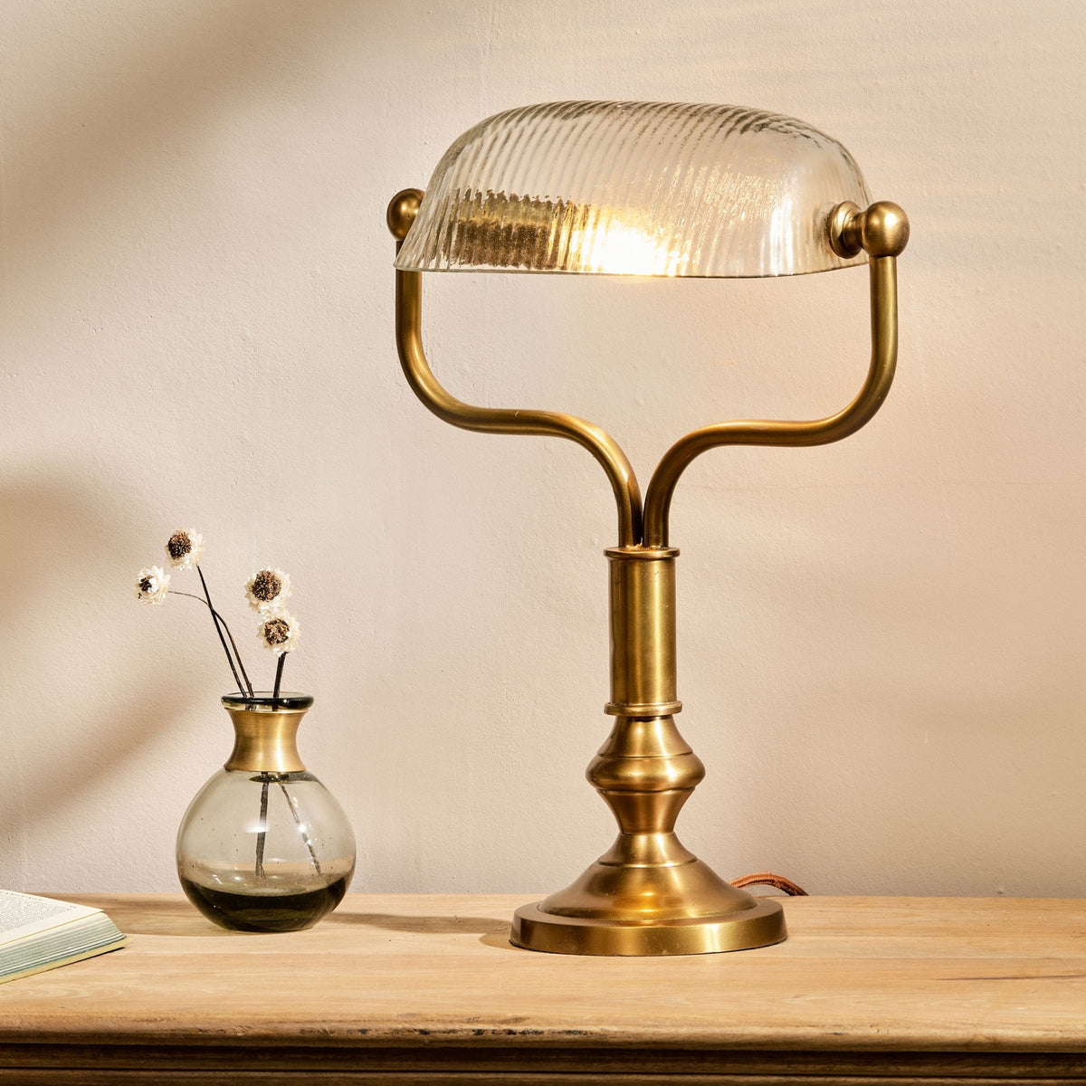 Ulani Vintage Desk Lamp in Antique Brass with Ribbed Clear Glass Shade