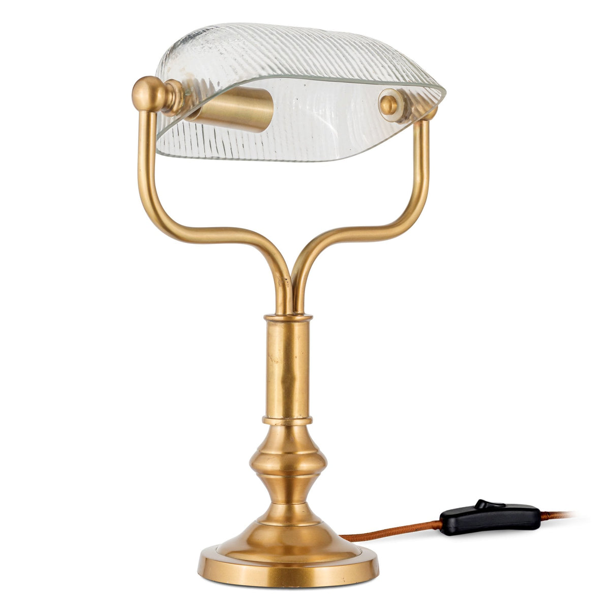 Ulani Vintage Desk Lamp in Antique Brass with Ribbed Clear Glass Shade