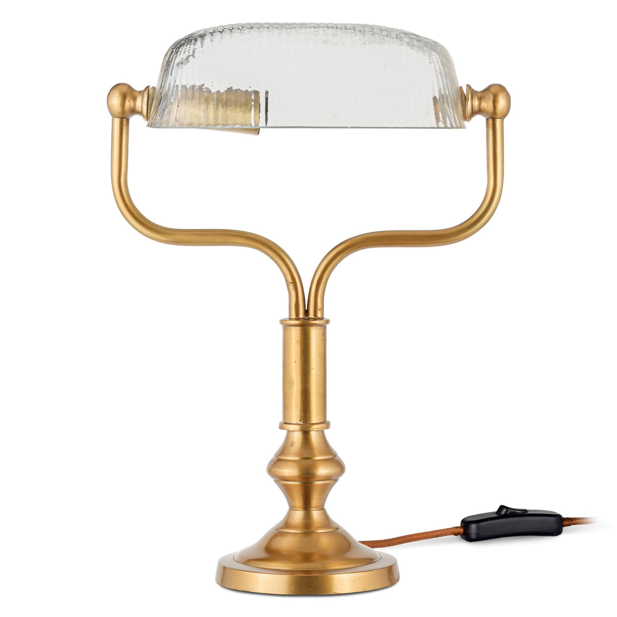 Ulani Vintage Desk Lamp in Antique Brass with Ribbed Clear Glass Shade