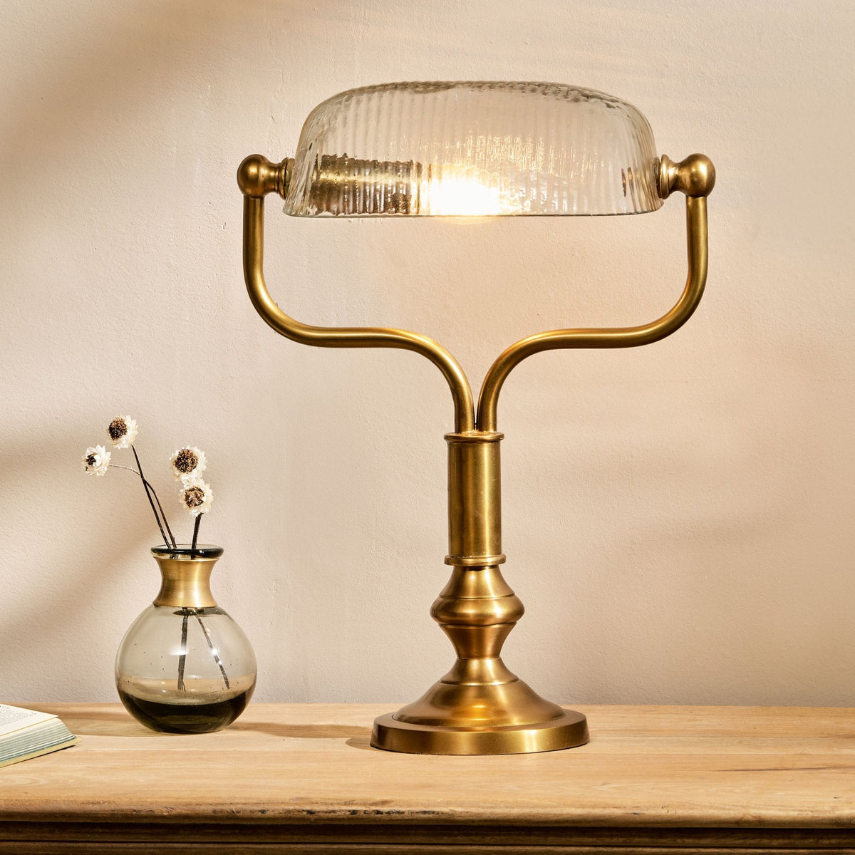 Ulani Vintage Desk Lamp in Antique Brass with Ribbed Clear Glass Shade