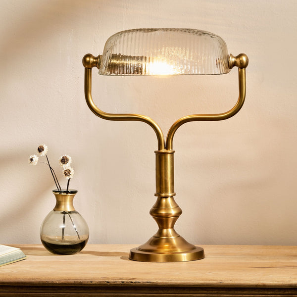 Ulani Vintage Desk Lamp in Antique Brass with Ribbed Clear Glass Shade