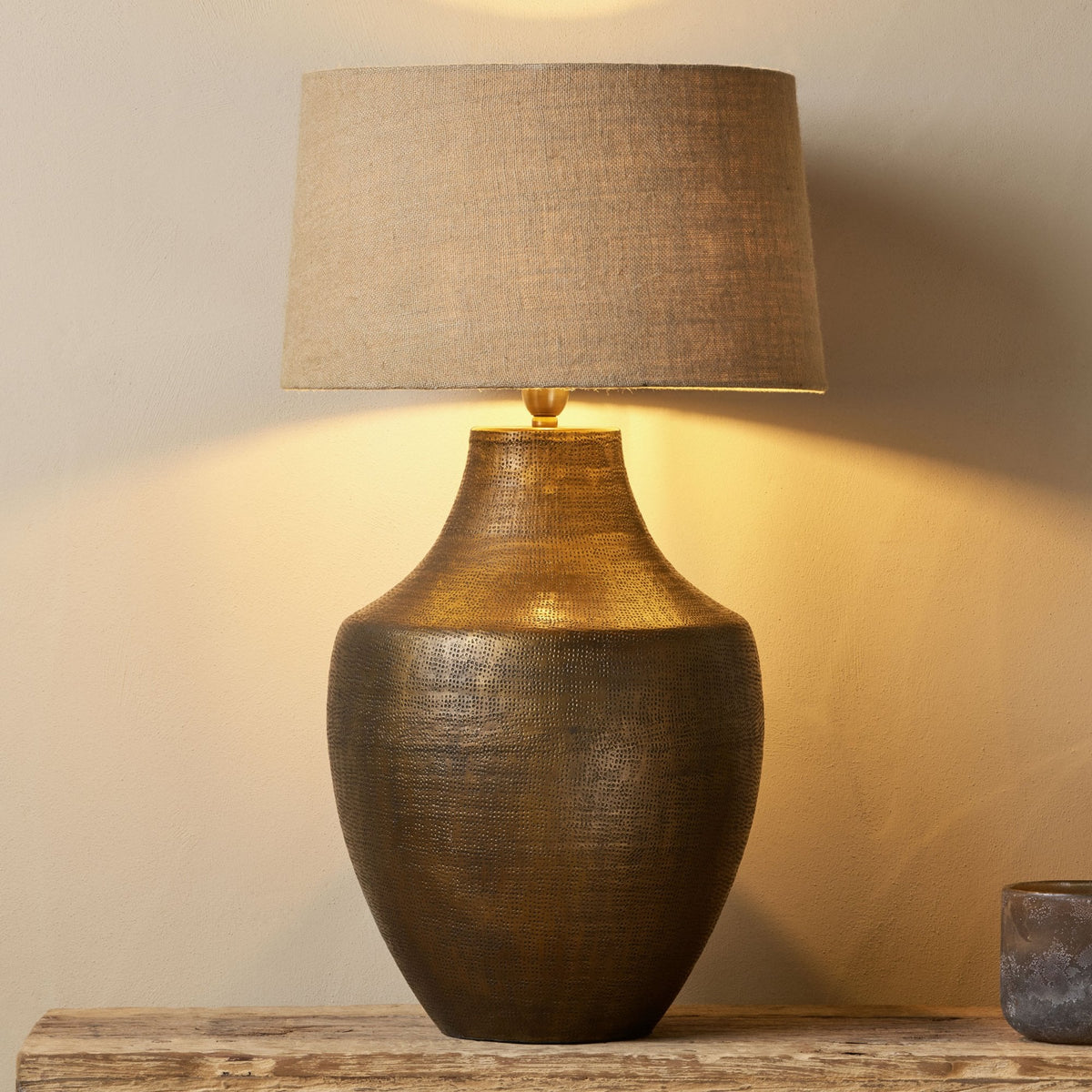 Tanda Extra Large Etched Statement Table Lamp in Antique Brass