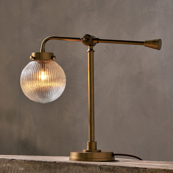 Sengol Adjustable Desk Lamp in Antique Brass with Recycled Glass Diffuser