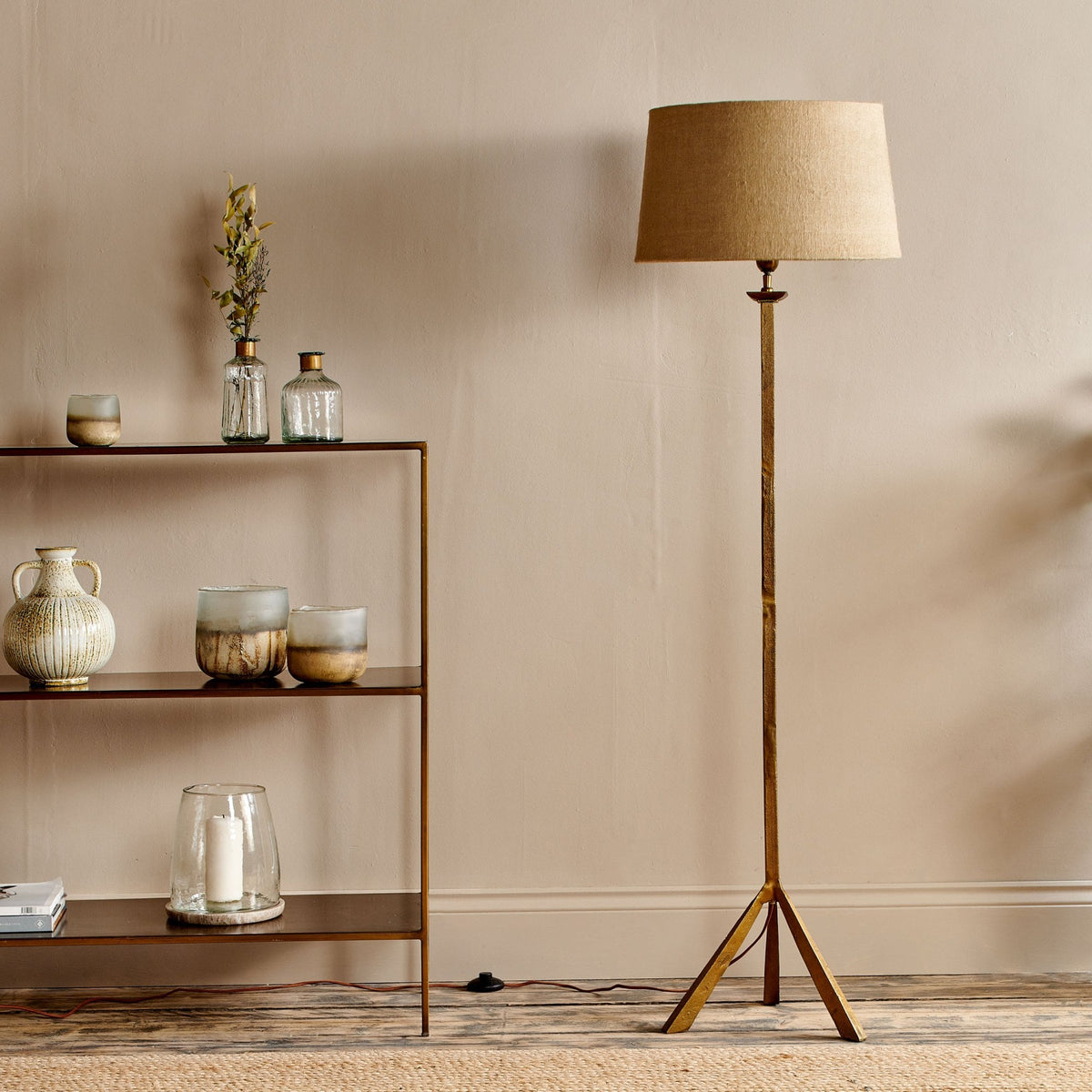 Sahhil Metal Tripod Floor Lamp in Antique Brass
