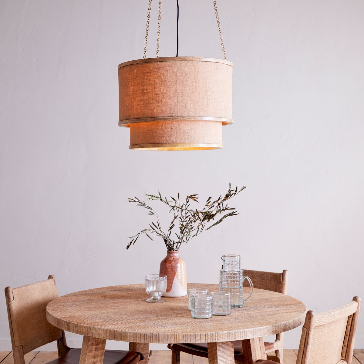 Darat Mango Wood & Jute Two Tier Pendant in Natural Finish