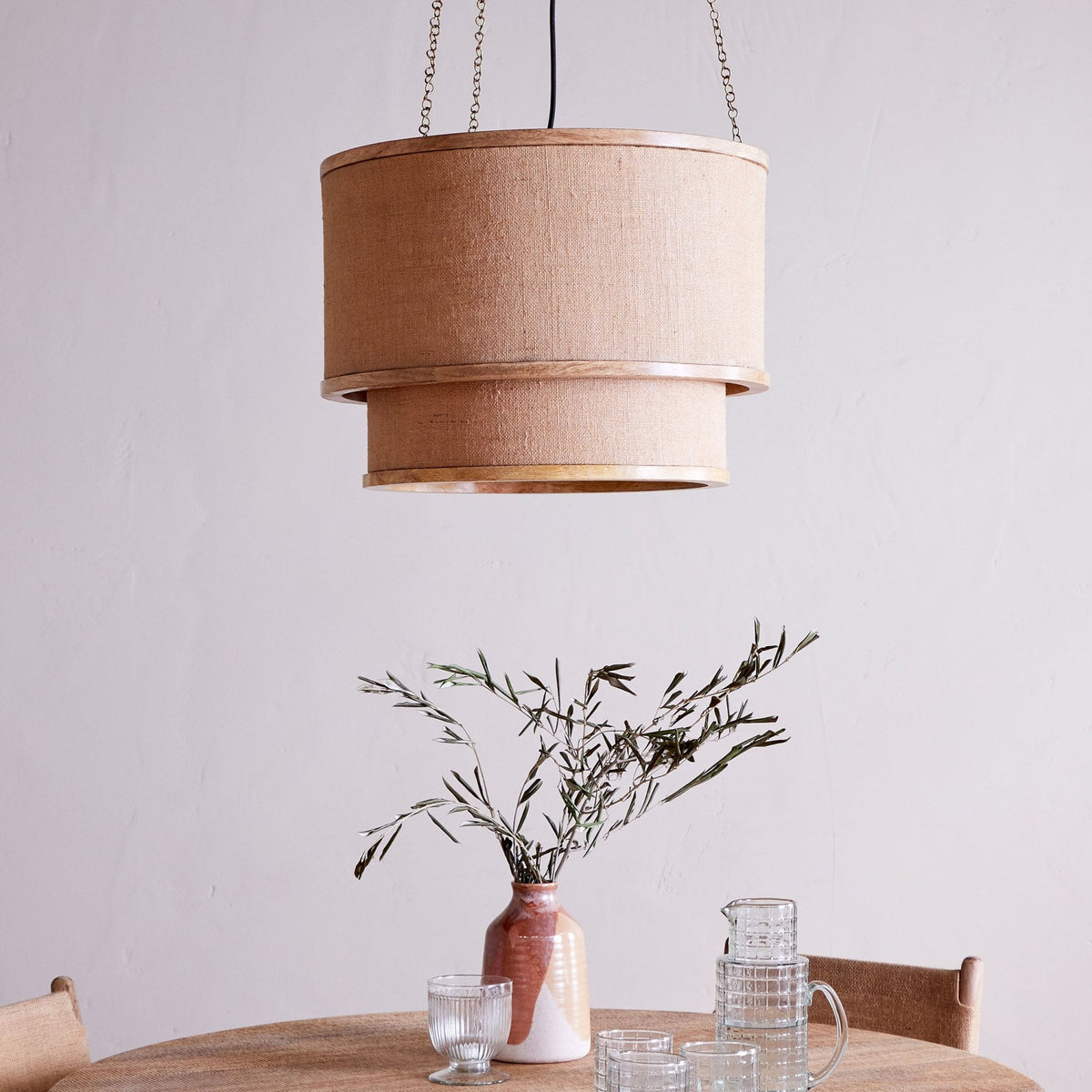 Darat Mango Wood & Jute Two Tier Pendant in Natural Finish