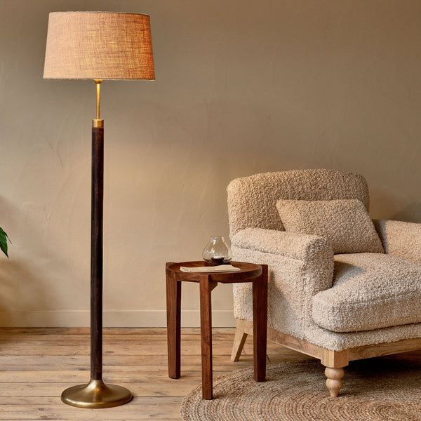 Digha Mango Wood Floor Lamp In Dark Stain & Antique Brass Finish