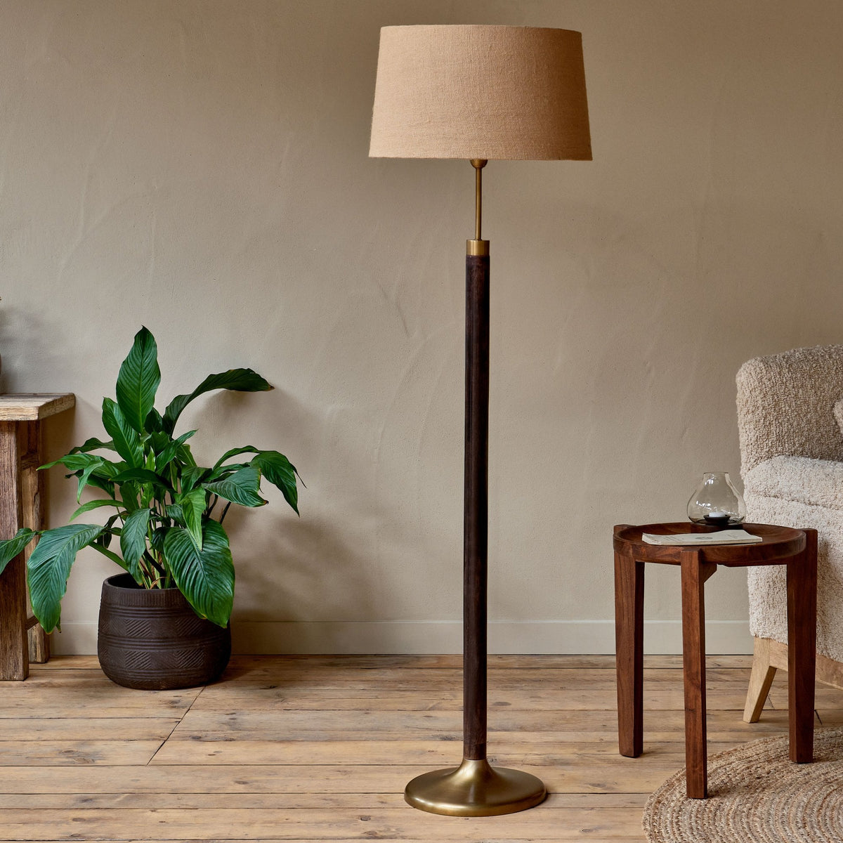 Digha Mango Wood Floor Lamp In Dark Stain & Antique Brass Finish