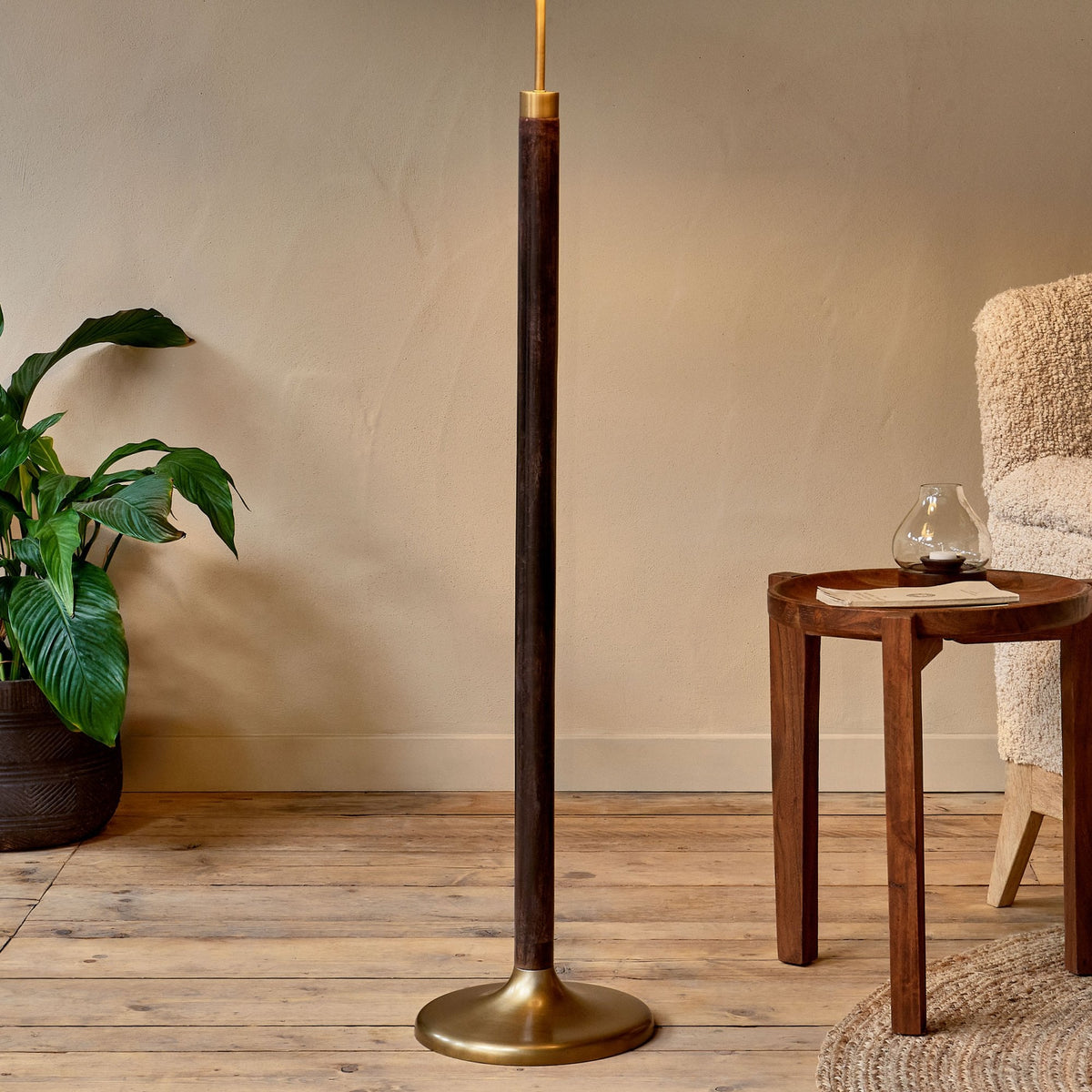 Digha Mango Wood Floor Lamp In Dark Stain & Antique Brass Finish