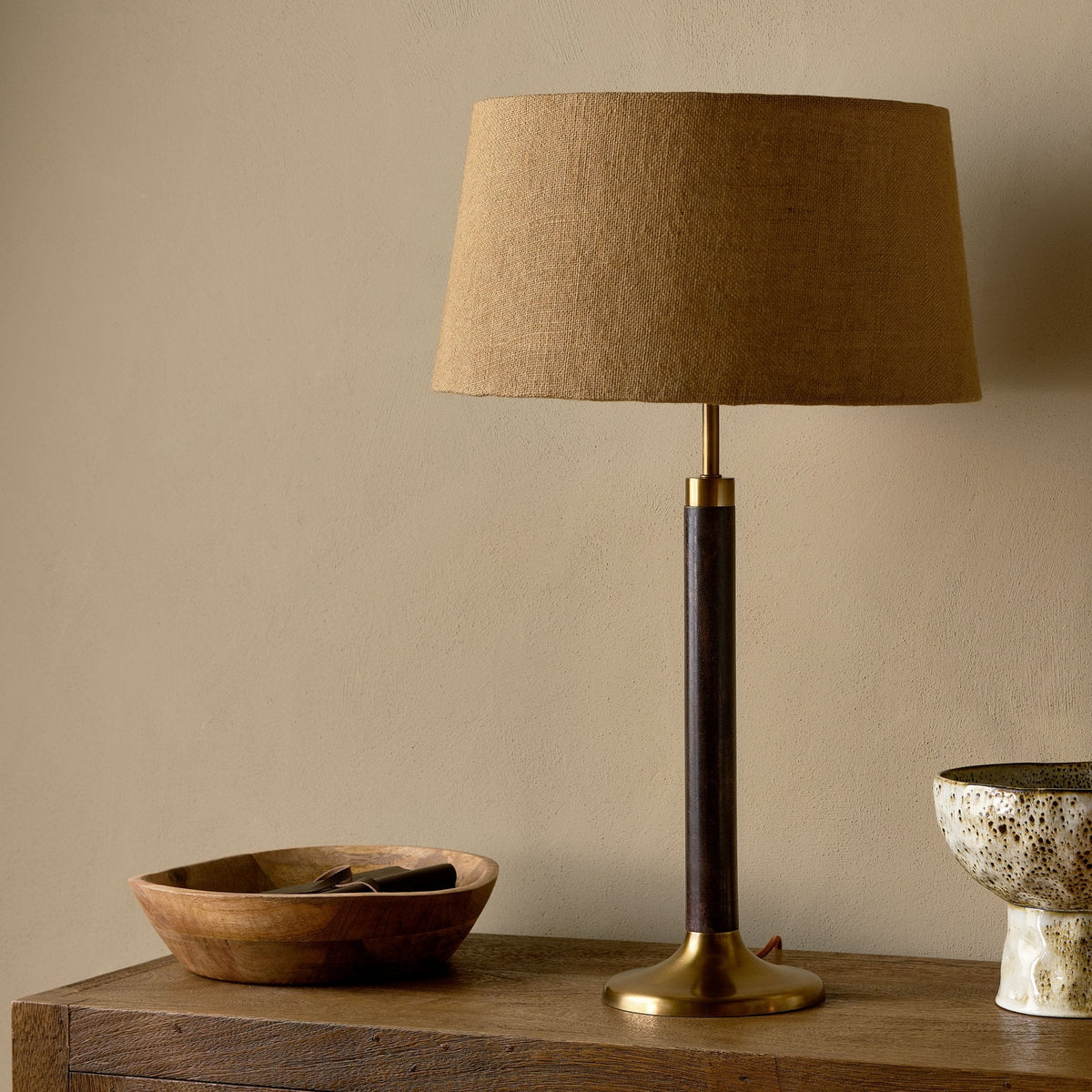 Digha Mango Wood Table Lamp In Dark Stain & Antique Brass Finish