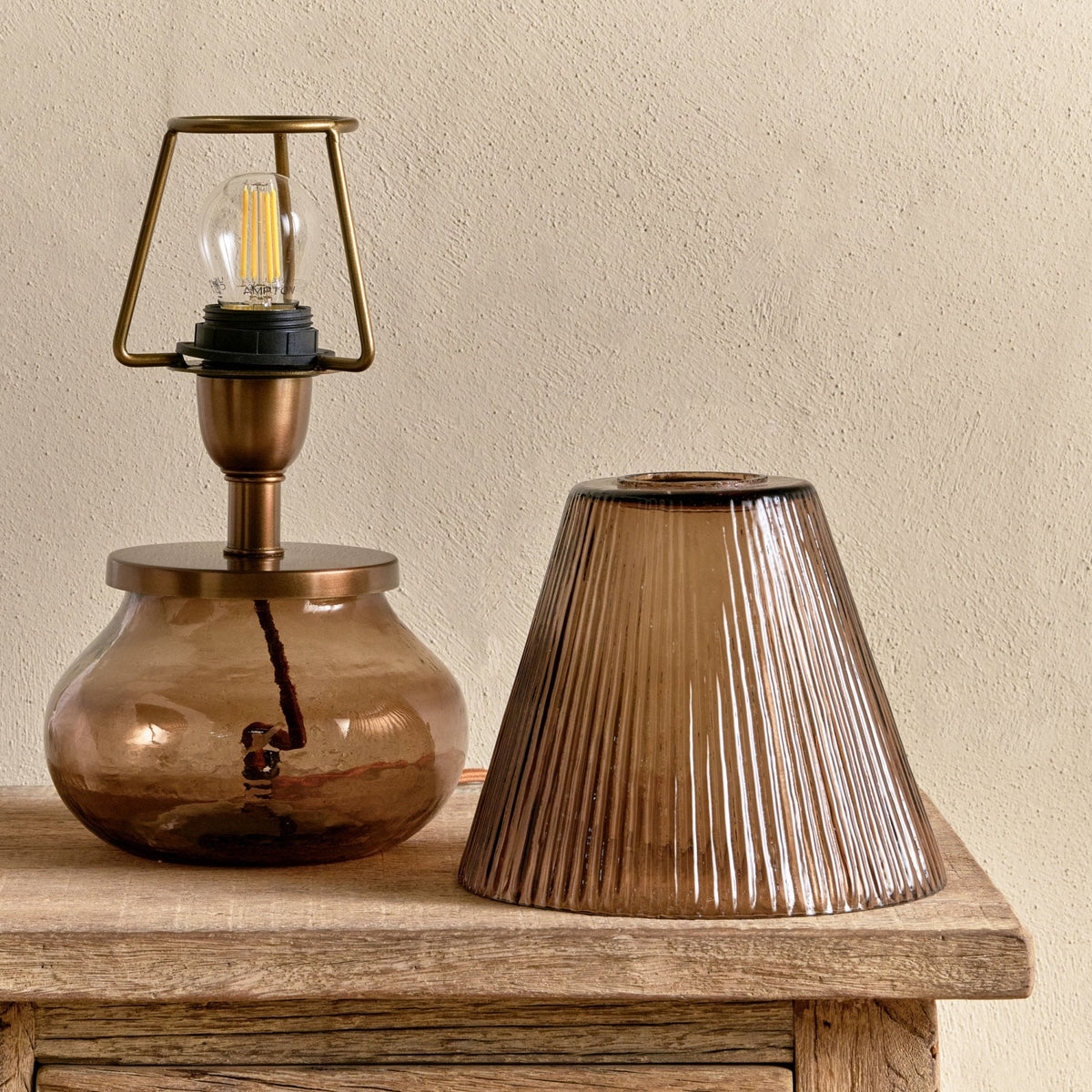Dimalai Brown Smoke Glass Table Lamp with Fluted Glass Shade