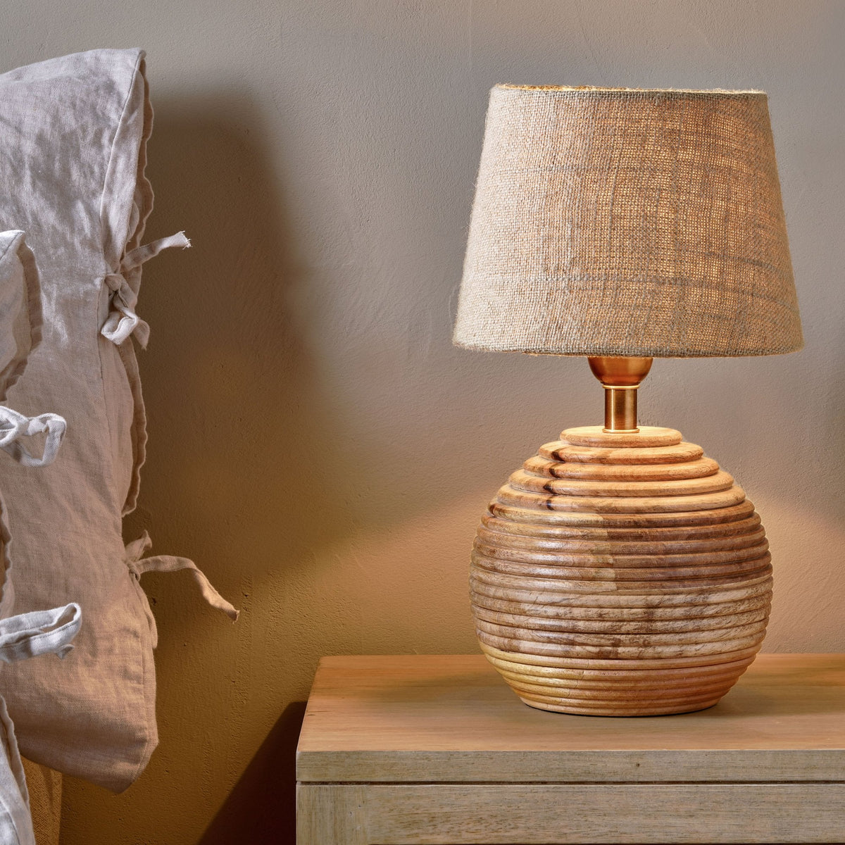 Drisana Mango Wood Grooved Round Bedside Table Lamp Base