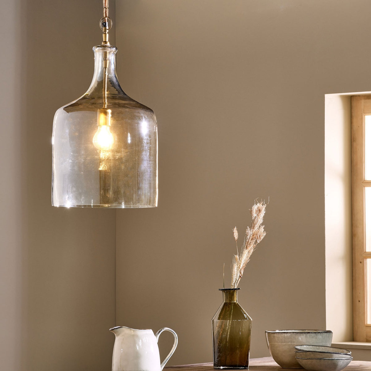 Kalsi Large Glass Pendant Light with a Lustred Finish & Antique Brass Detail