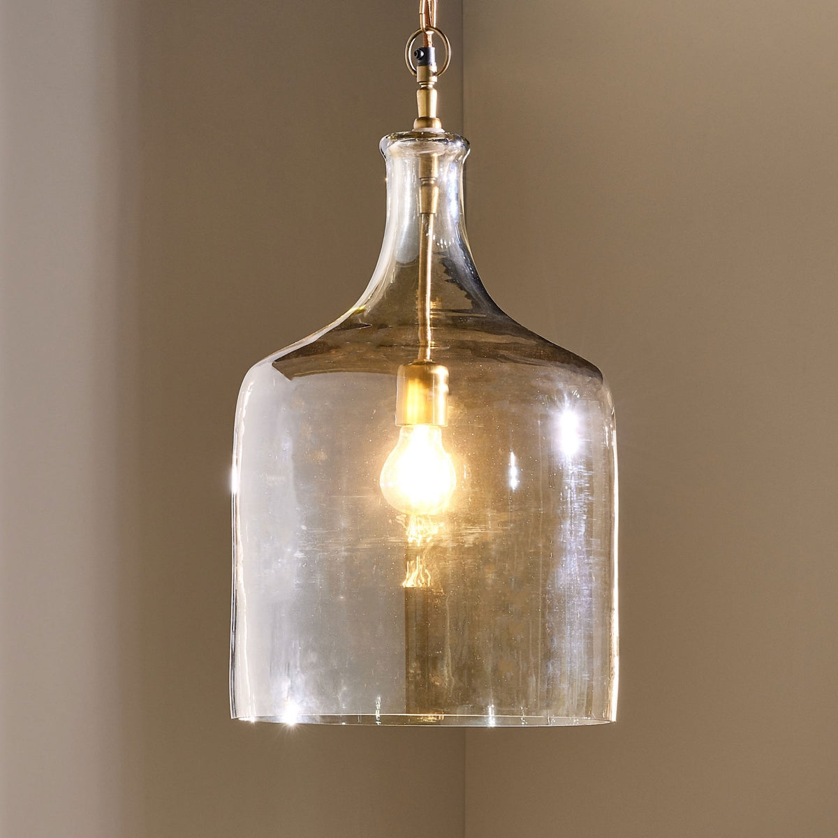 Kalsi Large Glass Pendant Light with a Lustred Finish & Antique Brass Detail