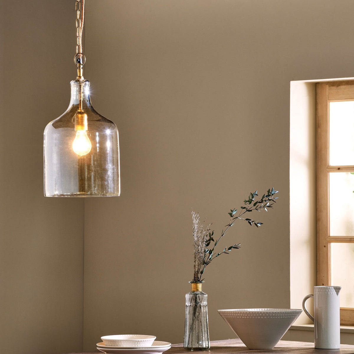 Kalsi Small Glass Pendant Light with a Lustred Finish & Antique Brass Detail