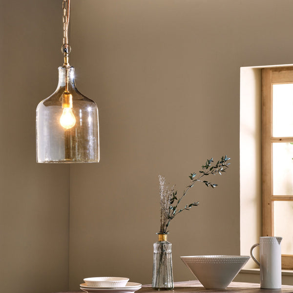 Kalsi Small Glass Pendant Light with a Lustred Finish & Antique Brass Detail