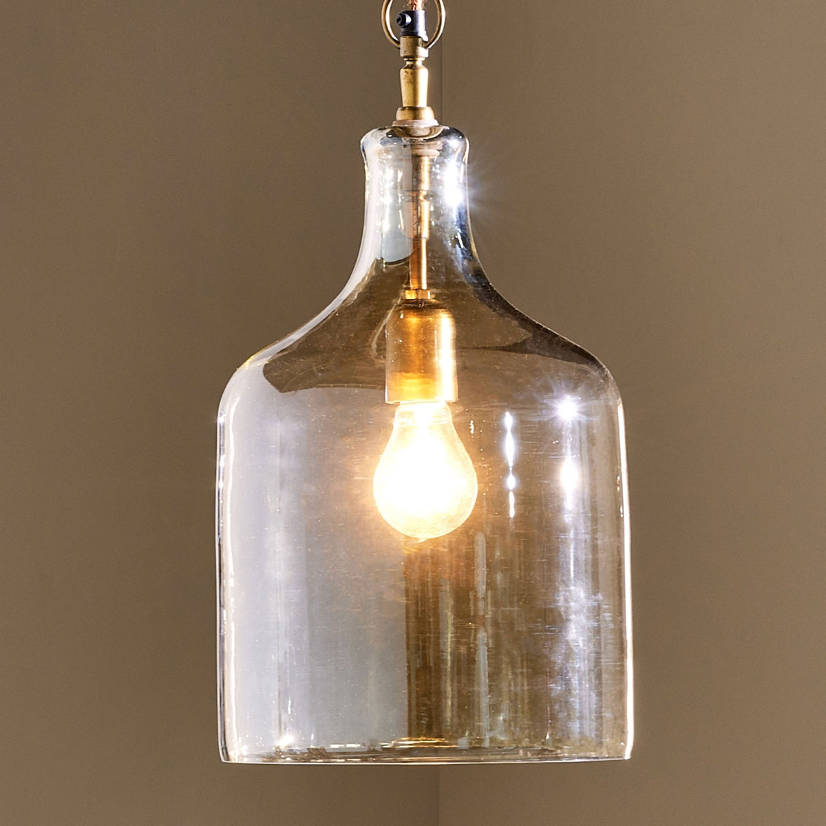 Kalsi Small Glass Pendant Light with a Lustred Finish & Antique Brass Detail