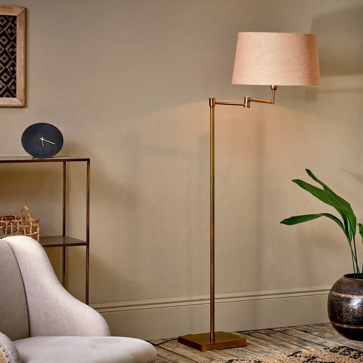 Kara Iron Swing Arm Floor Lamp Base in Brass