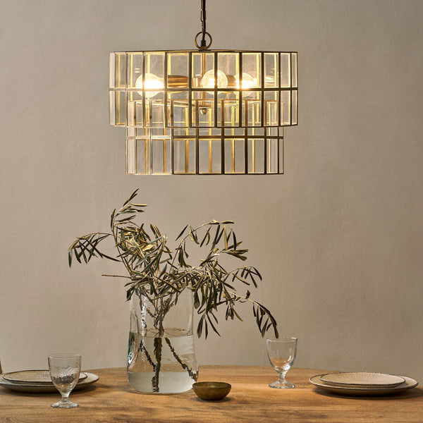 Kirindi Clear Glass Panelled Chandelier in Antique Brass